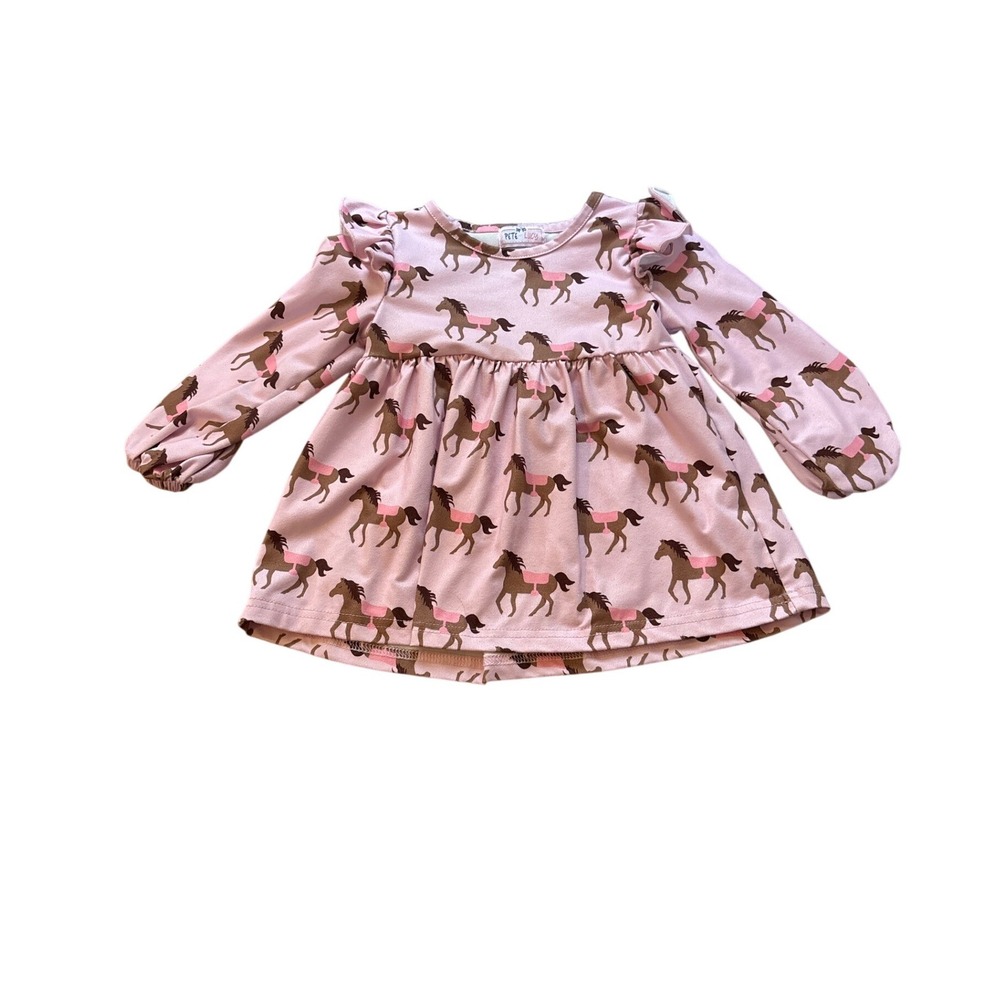 Pete + Lucy Dress Kids Pink Horse Print Ruffle Shoulder Western SIZE 2T